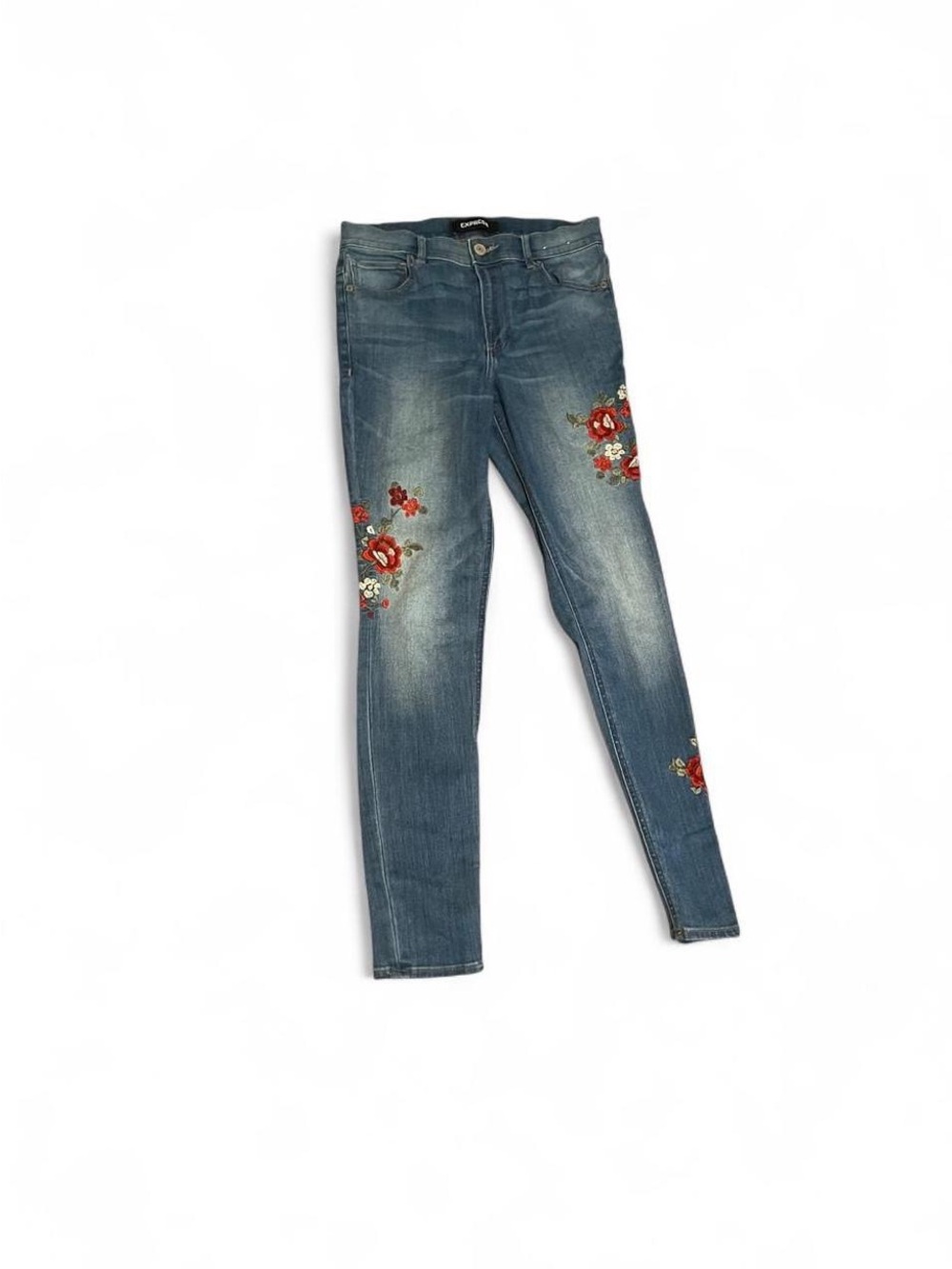 Express Blue Skinny Jeans with Red Floral Embroidery